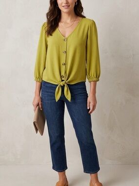 Olivia Martin Olive Green Tie Front Blouse V-Neck 3/4 Sleeve🩷